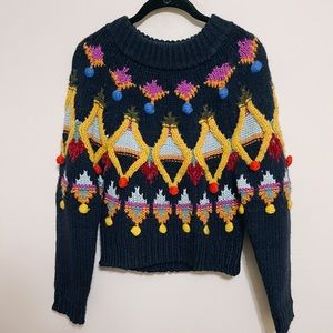 Zara Navy Multicolored Pom Pom Sweater